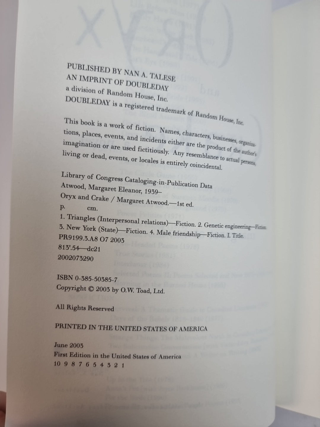 Oryx and Crake Margaret Atwood, First U S Edition Hardback New Free Delivery