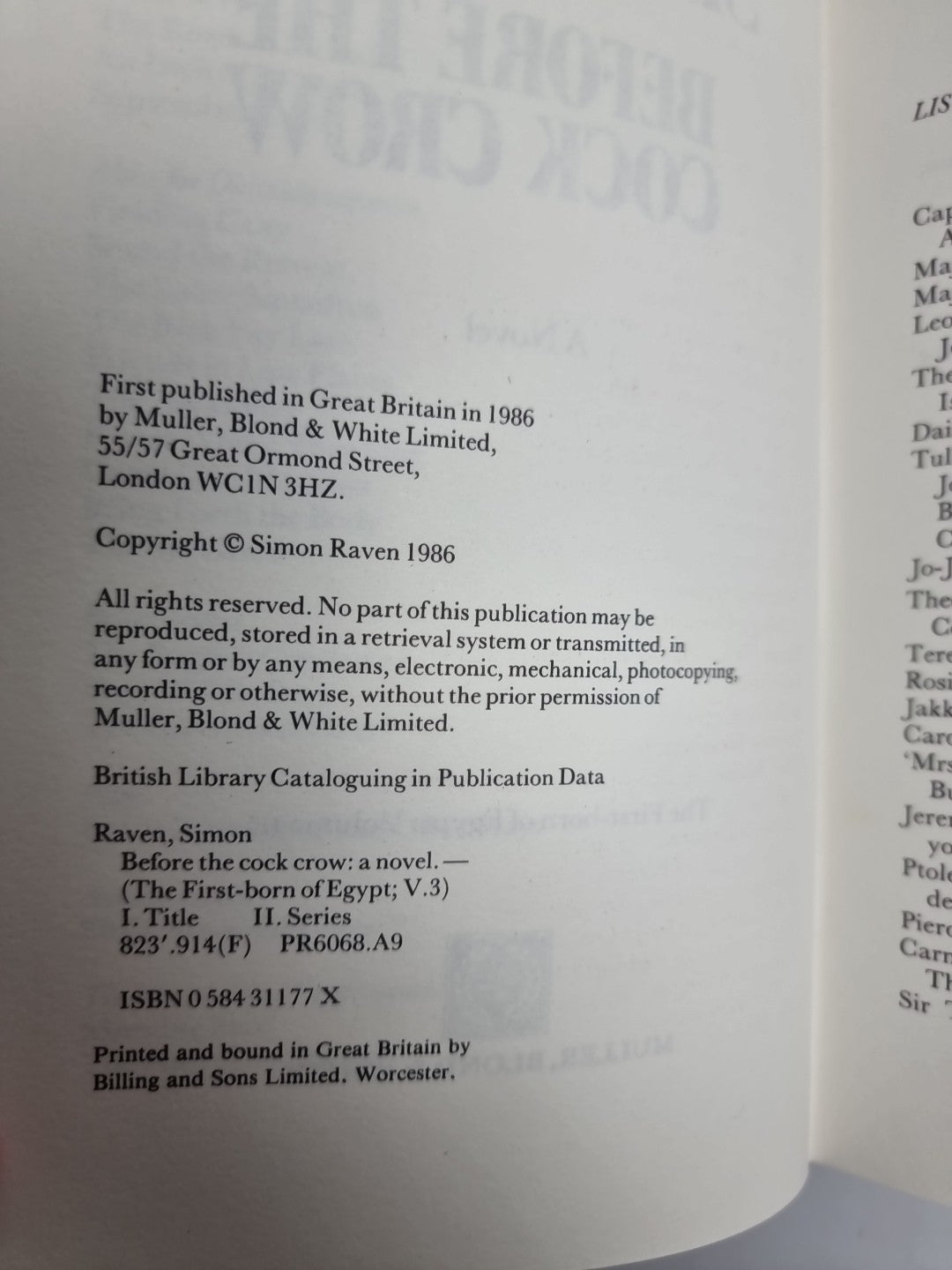 Before the c*ck Crow (The First-born of Egypt)-Simon Raven 1st Edition New