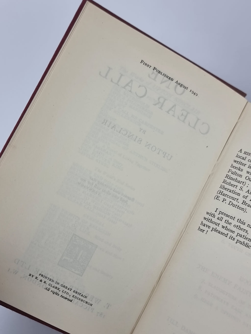 One Clear Call, Upton Sinclair — 1st Edition