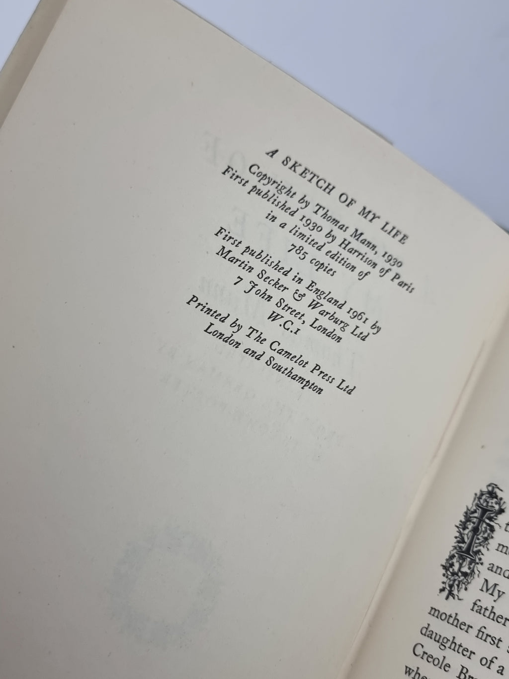 A Sketch of My Life, Thomas Mann — 1st English Edition