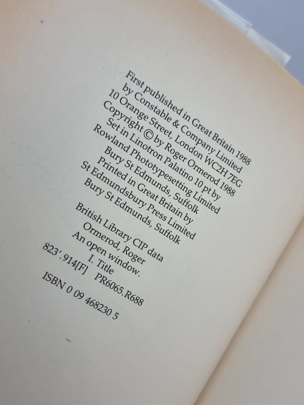 An Open Window, Roger Ormerod — 1st Edition, Signed & Inscribed