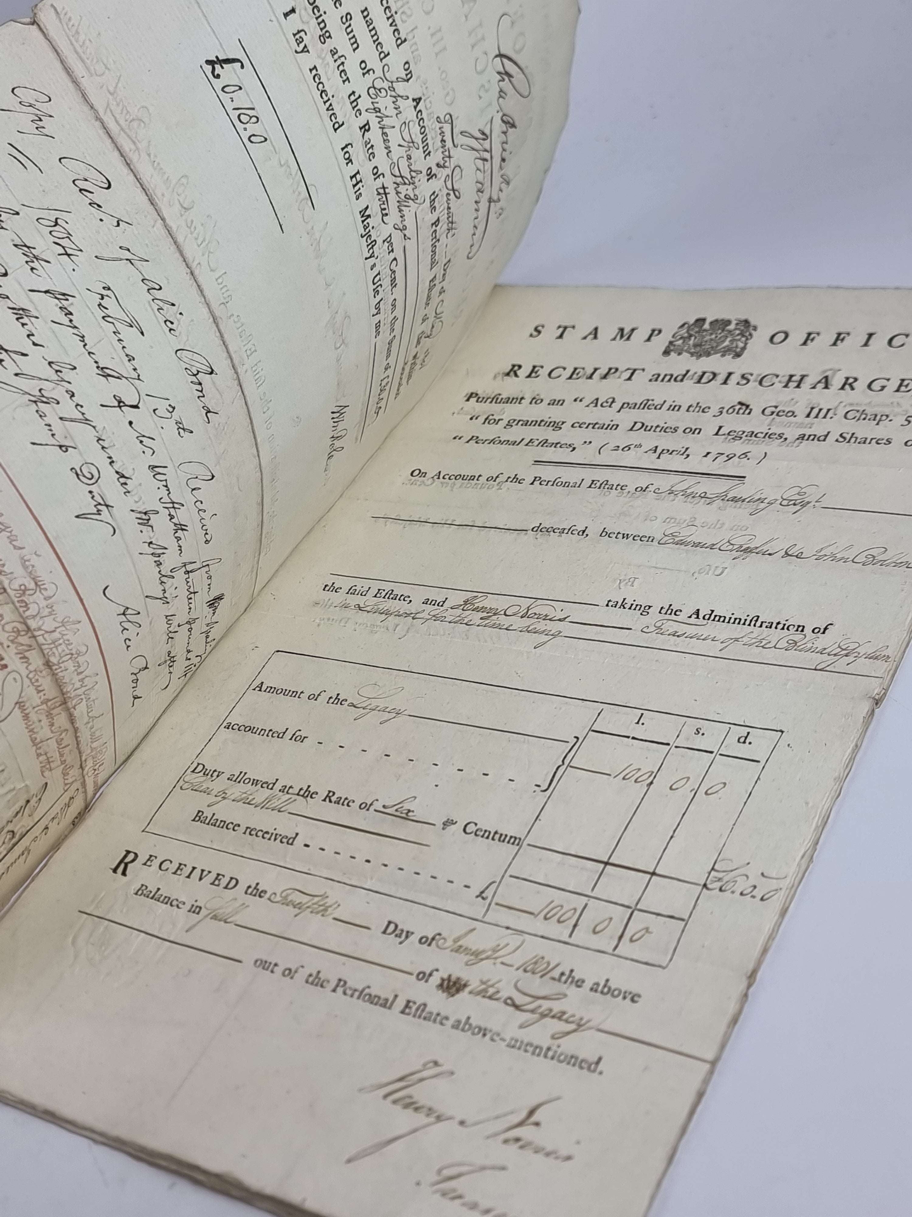 Stamp Office, Receipt and Discharge: Personal Estate of John Sparling, Edward Chaffers &amp; John Bolton