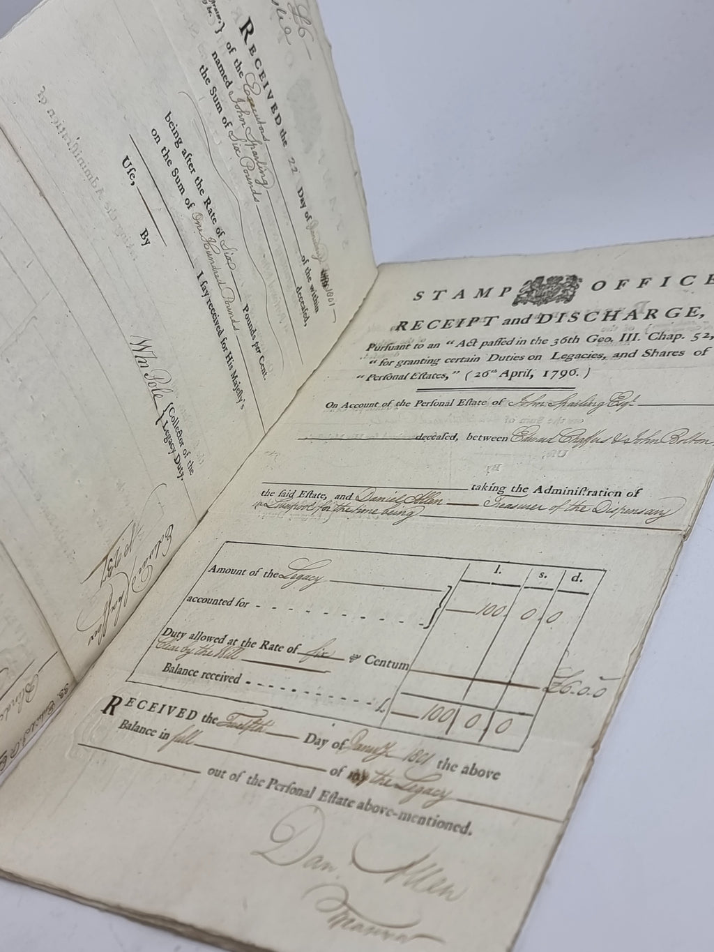 Stamp Office, Receipt and Discharge: Personal Estate of John Sparling, Edward Chaffers &amp; John Bolton