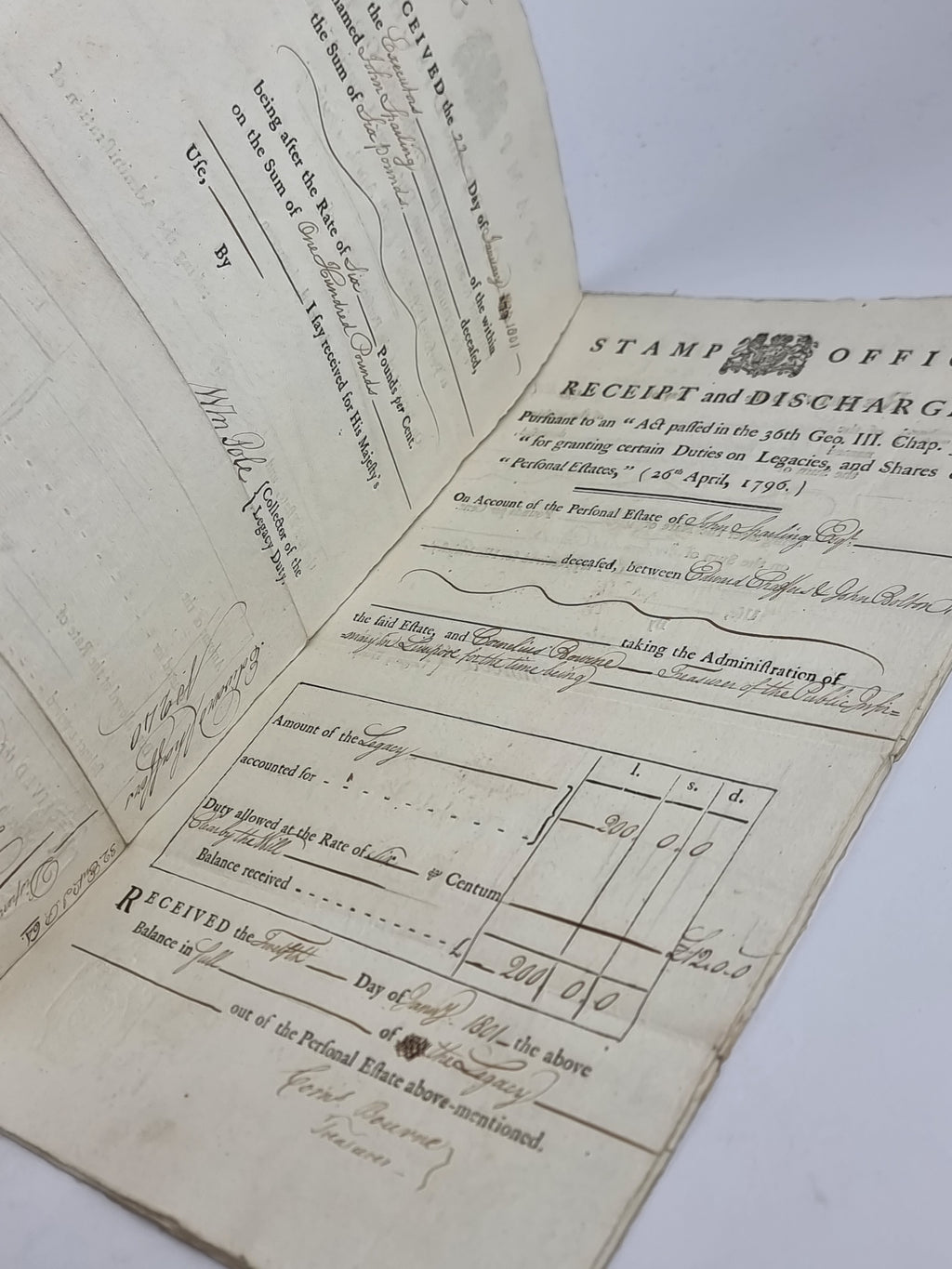 Stamp Office, Receipt and Discharge: Personal Estate of John Sparling, Edward Chaffers &amp; John Bolton