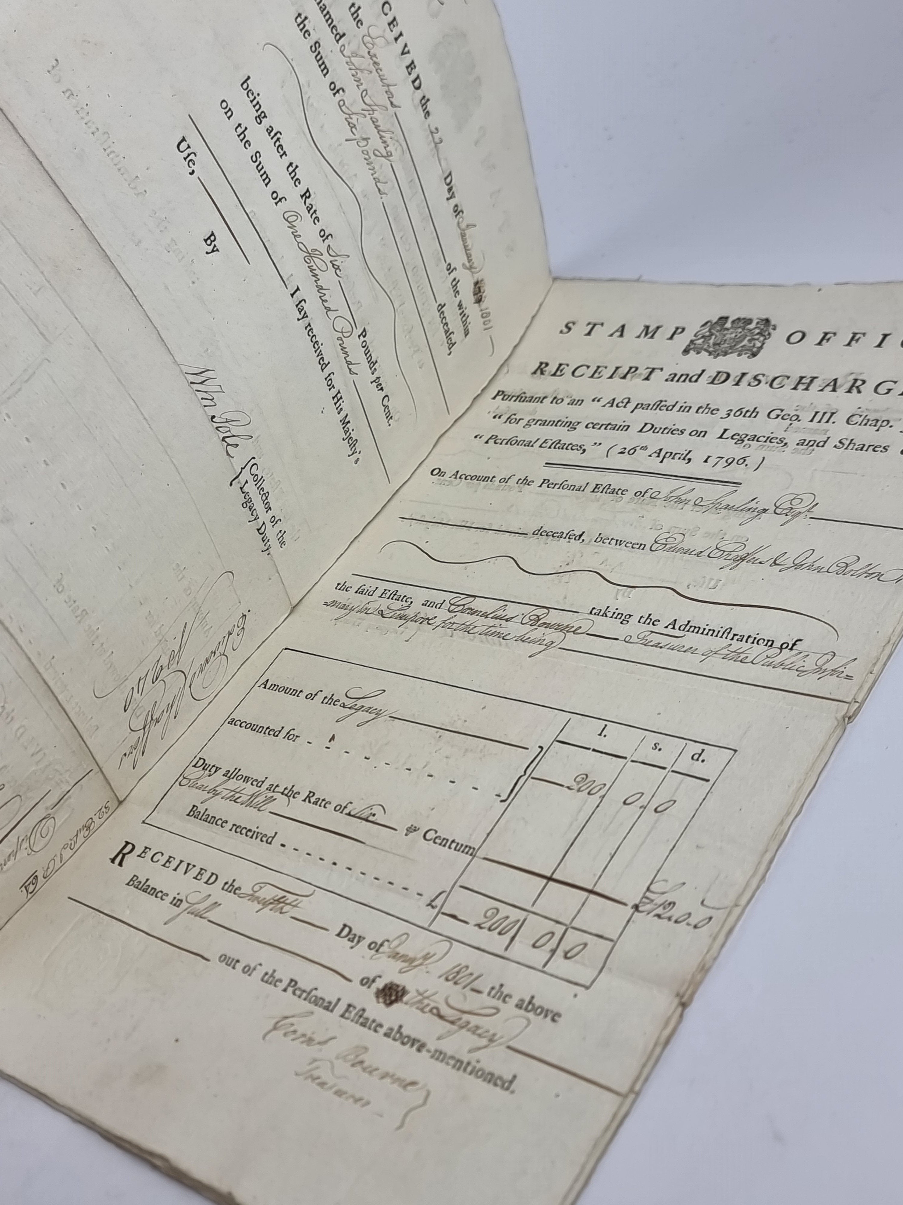 Stamp Office, Receipt and Discharge: Personal Estate of John Sparling, Edward Chaffers &amp; John Bolton