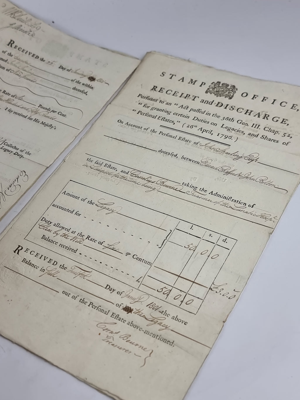 Stamp Office, Receipt and Discharge: Personal Estate of John Sparling, Edward Chaffers &amp; John Bolton