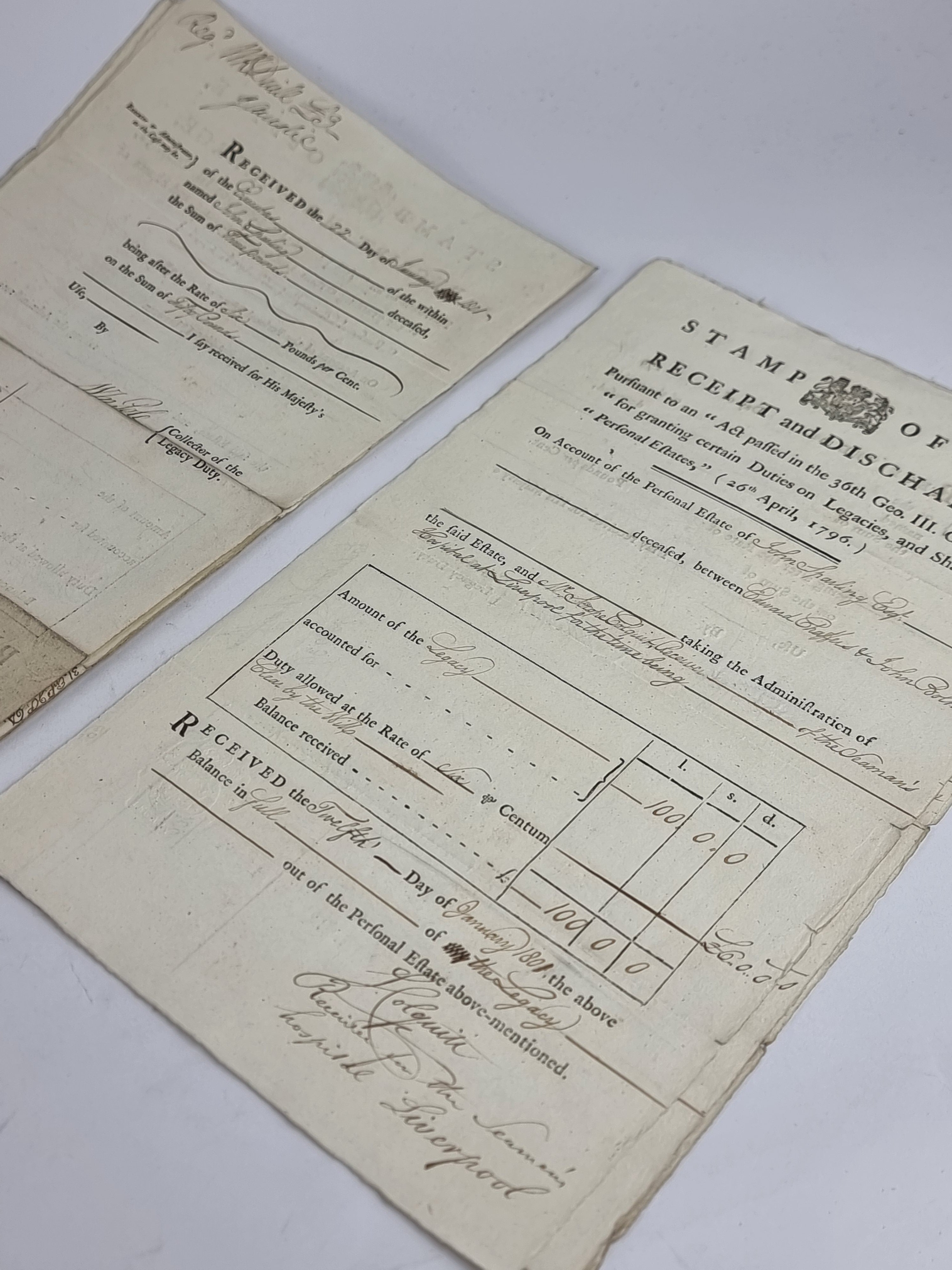 Stamp Office, Receipt and Discharge: Personal Estate of John Sparling, Edward Chaffers &amp; John Bolton