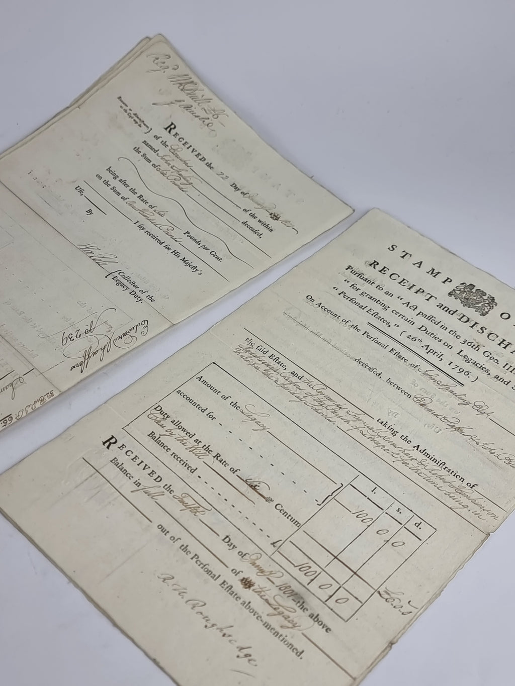 Stamp Office, Receipt and Discharge: Personal Estate of John Sparling, Edward Chaffers &amp; John Bolton