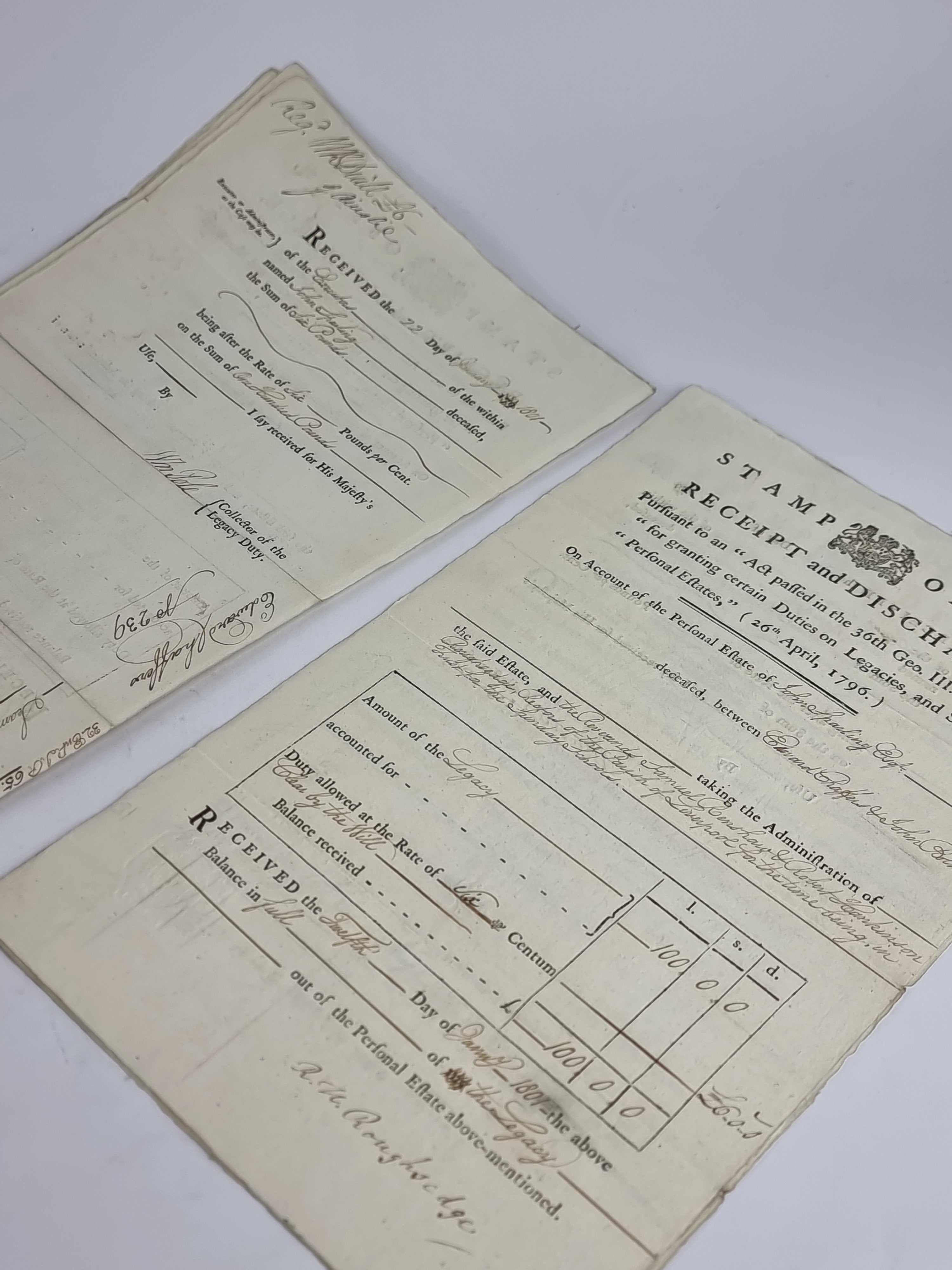Stamp Office, Receipt and Discharge: Personal Estate of John Sparling, Edward Chaffers &amp; John Bolton