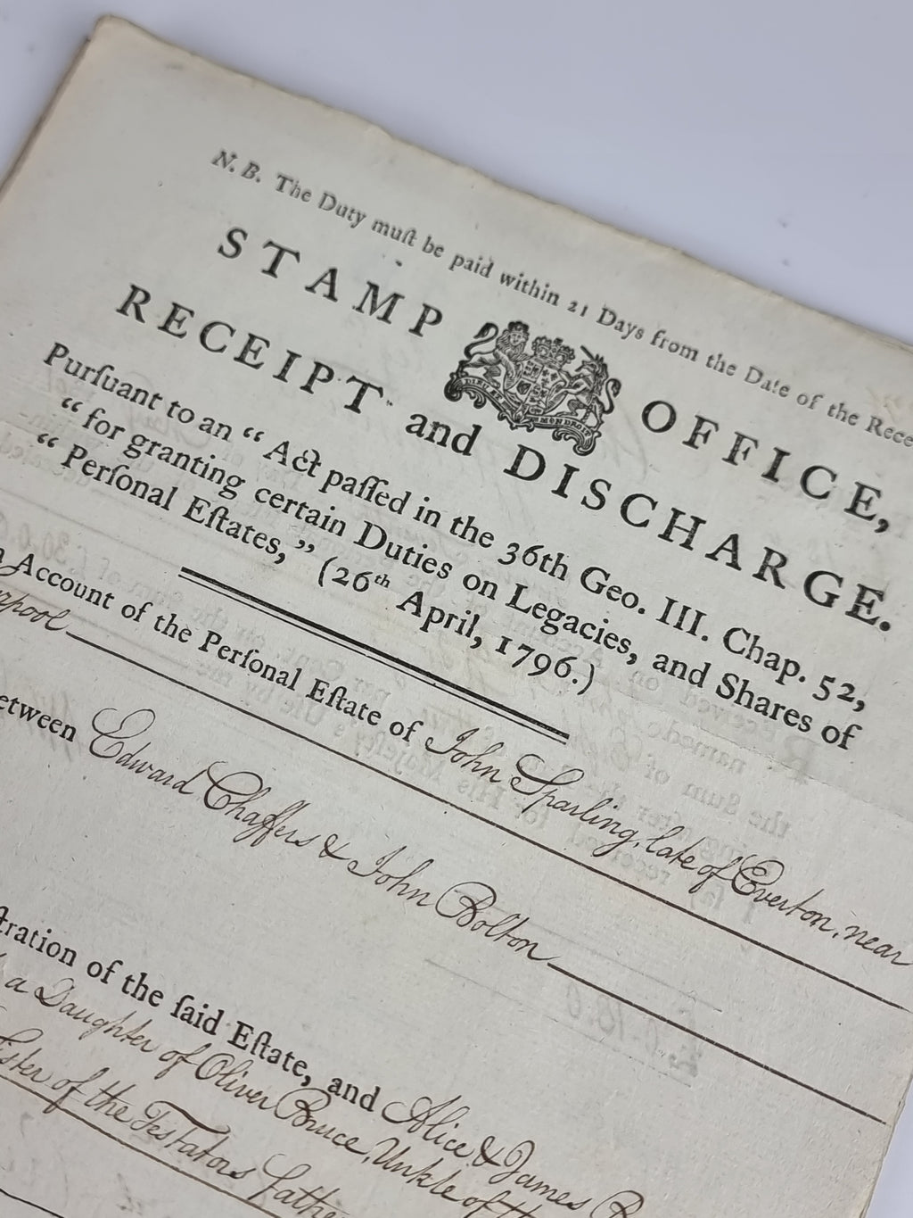 Stamp Office, Receipt and Discharge: Personal Estate of John Sparling, Edward Chaffers &amp; John Bolton