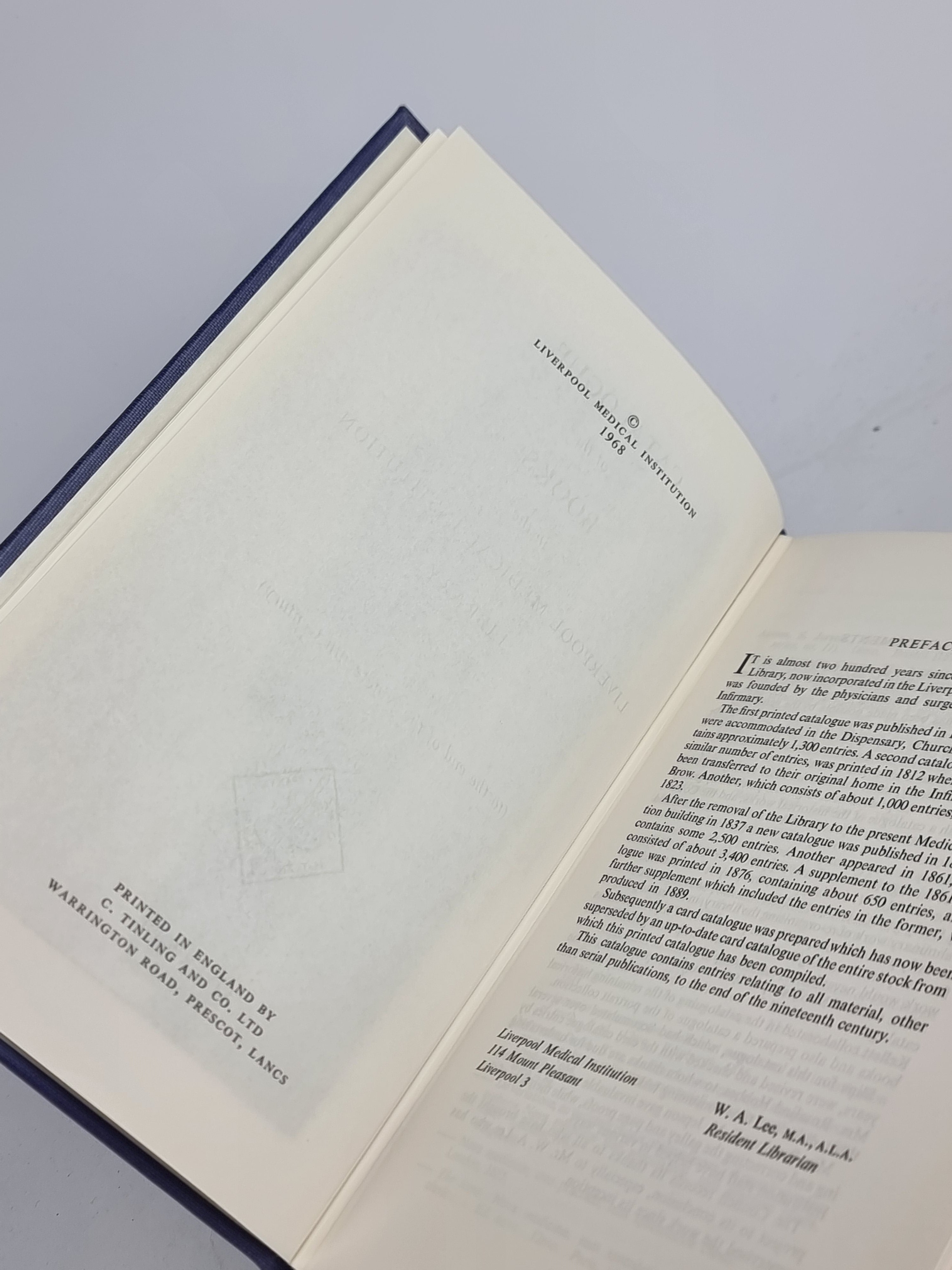 Catalogue of the Books in the Liverpool Medical Institution Library, W.A. Lee — 1st Ed