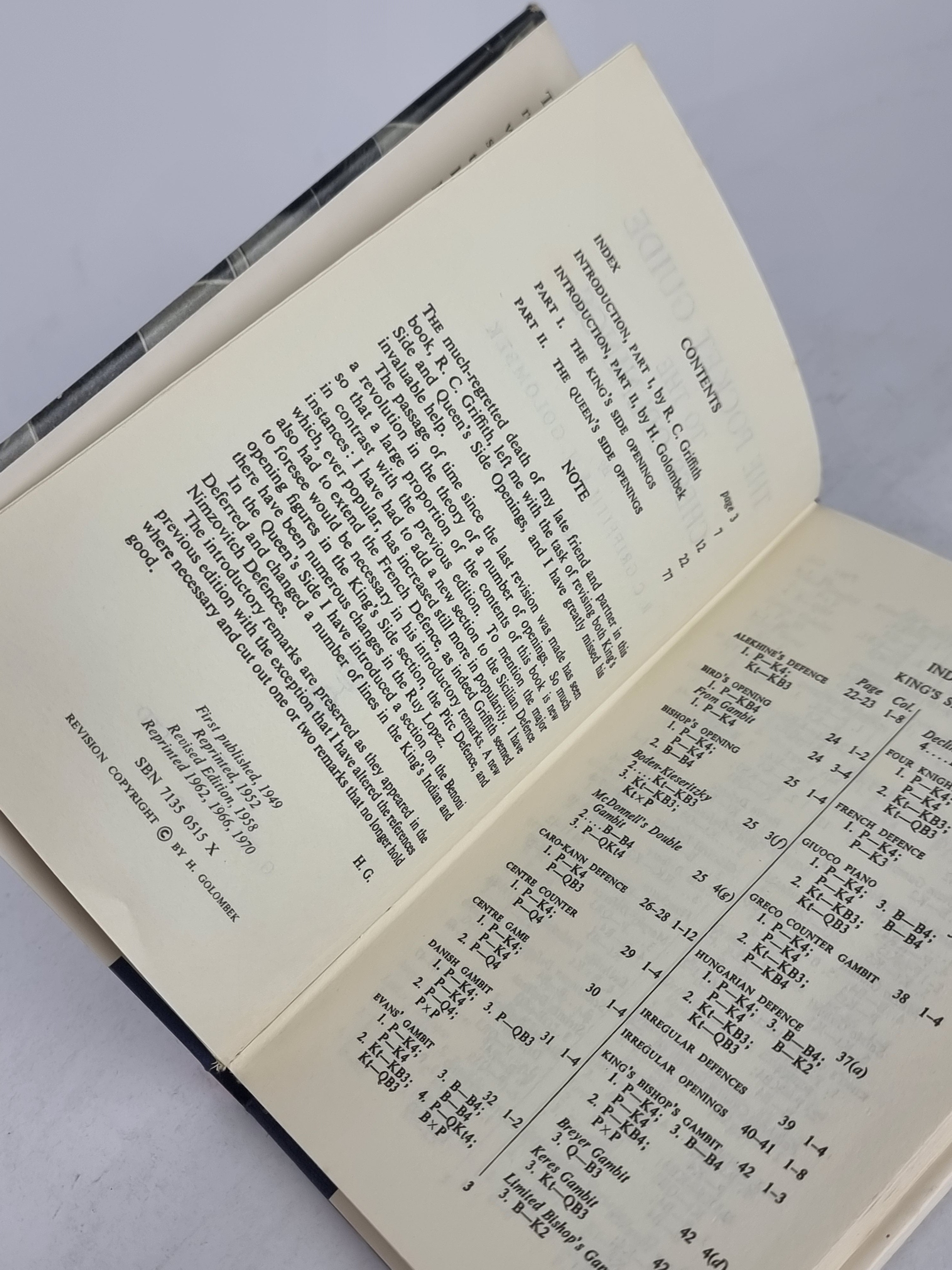 A Pocket Guide to the Chess Openings, R. C. Griffith & H. Golombek — 1970 Reprint