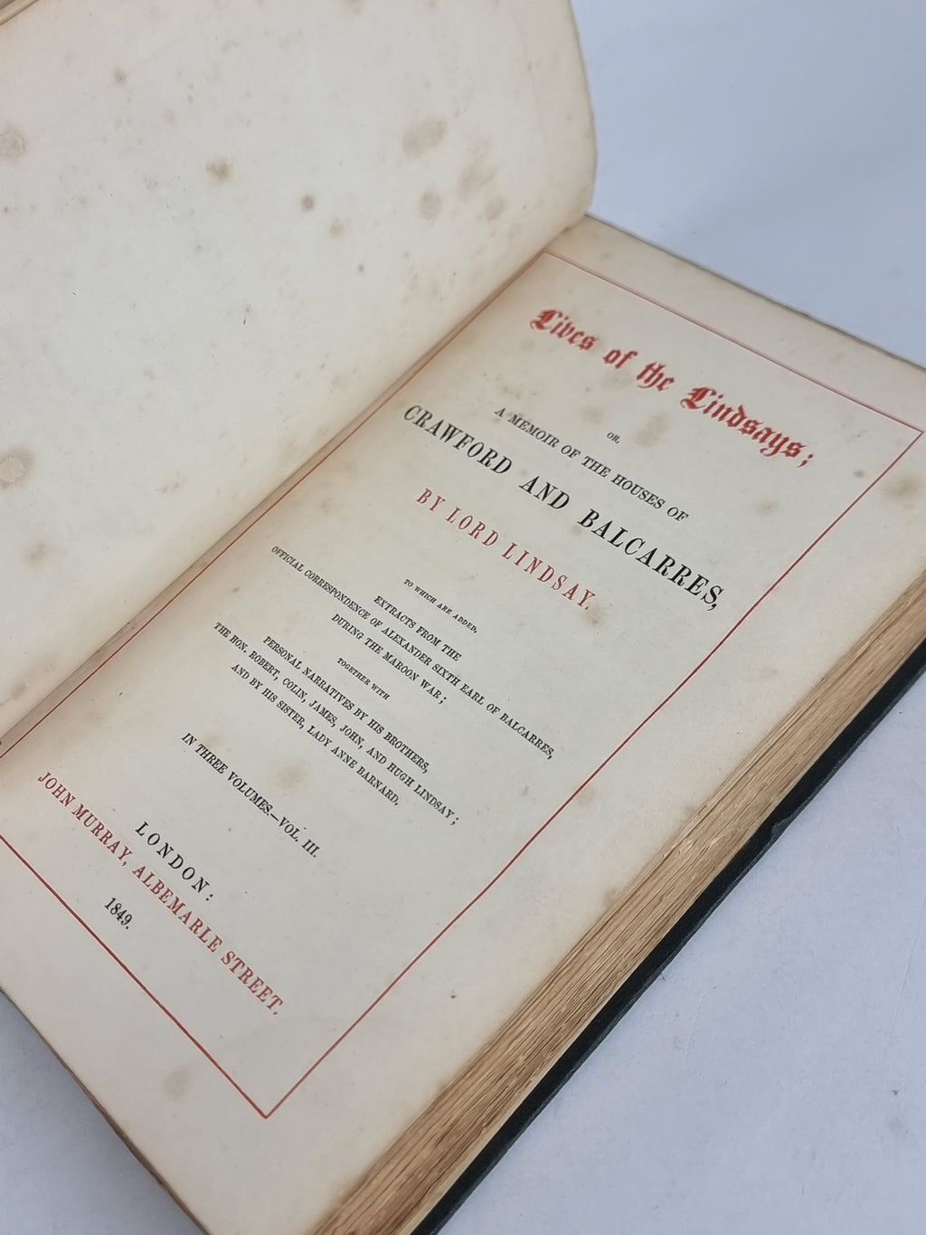 Lives of the Lindsays, Lord Lindsay — 1st Trade Edition
