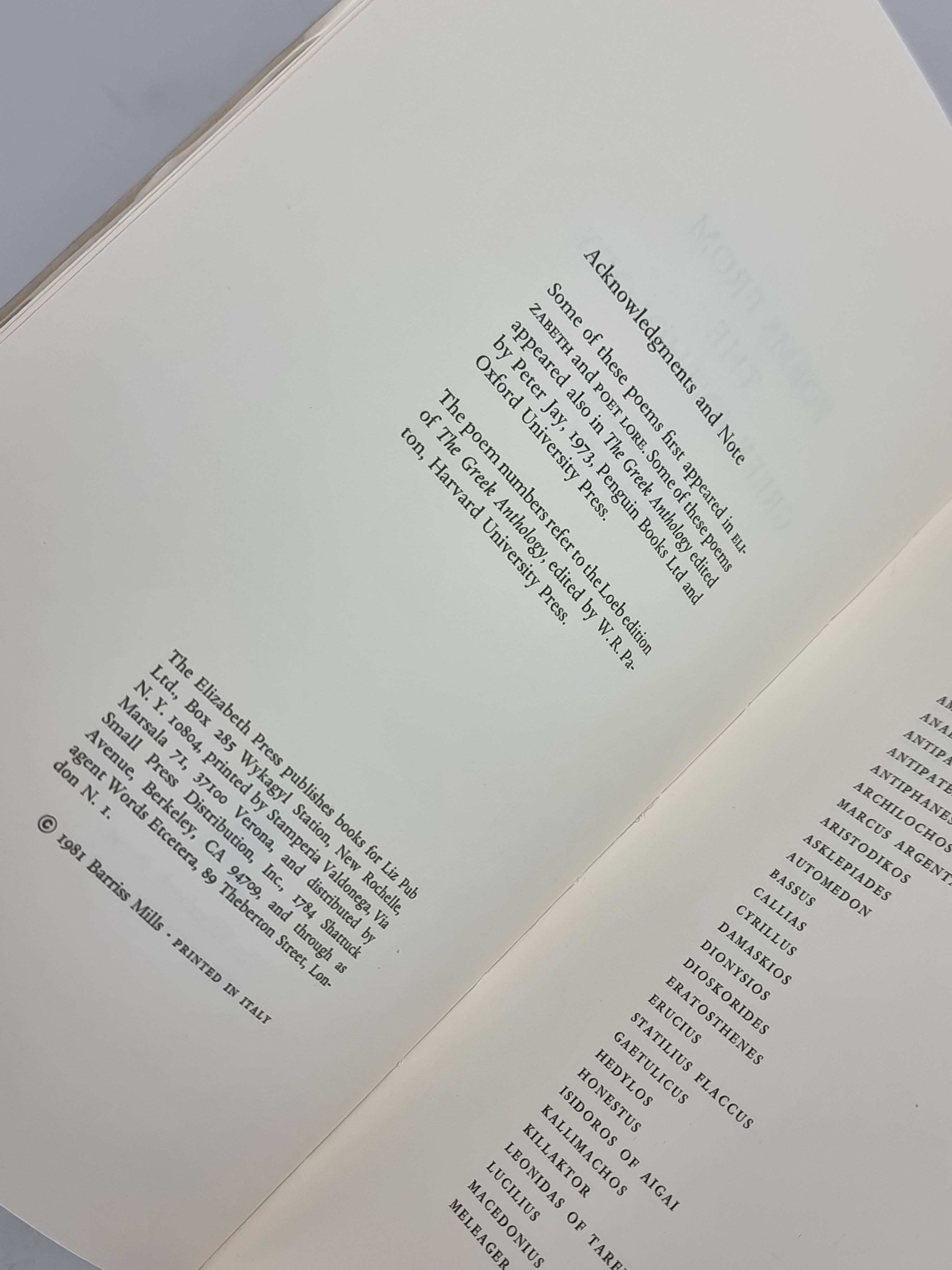 Poems from the Greek Anthology, Barriss Mills — 1st Edition, Limited