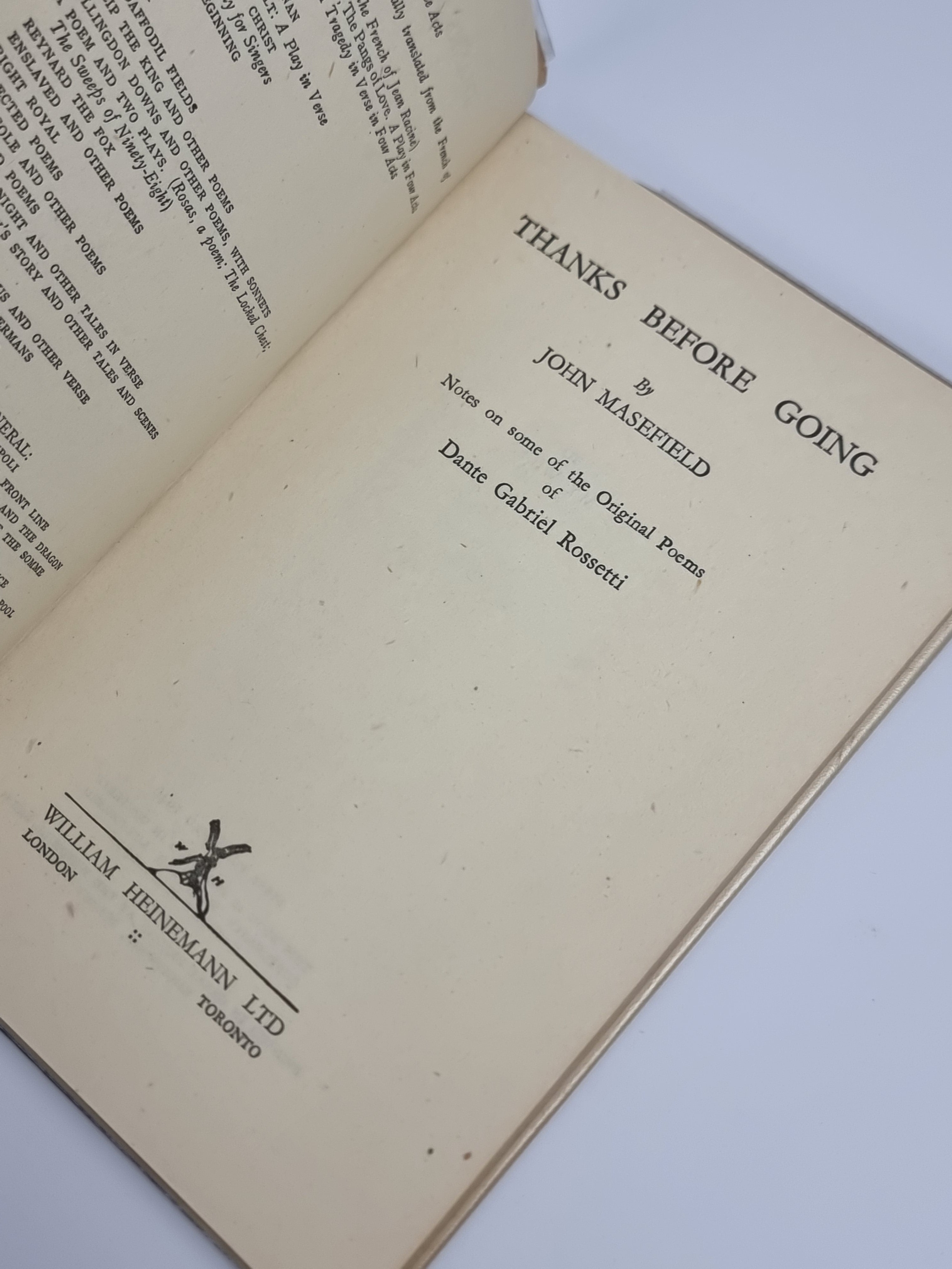 Thanks Before Going, John Masefield — 1st Edition