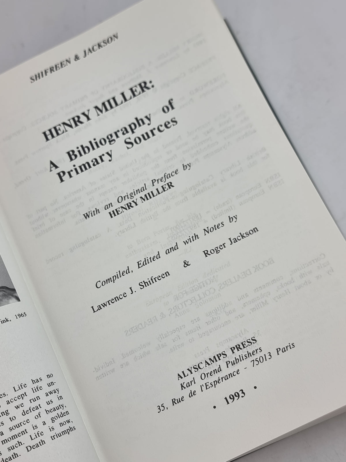 Henry Miller: A Bibliography of Primary Sources, Lawrence J. Shifreen & Roger Jackson