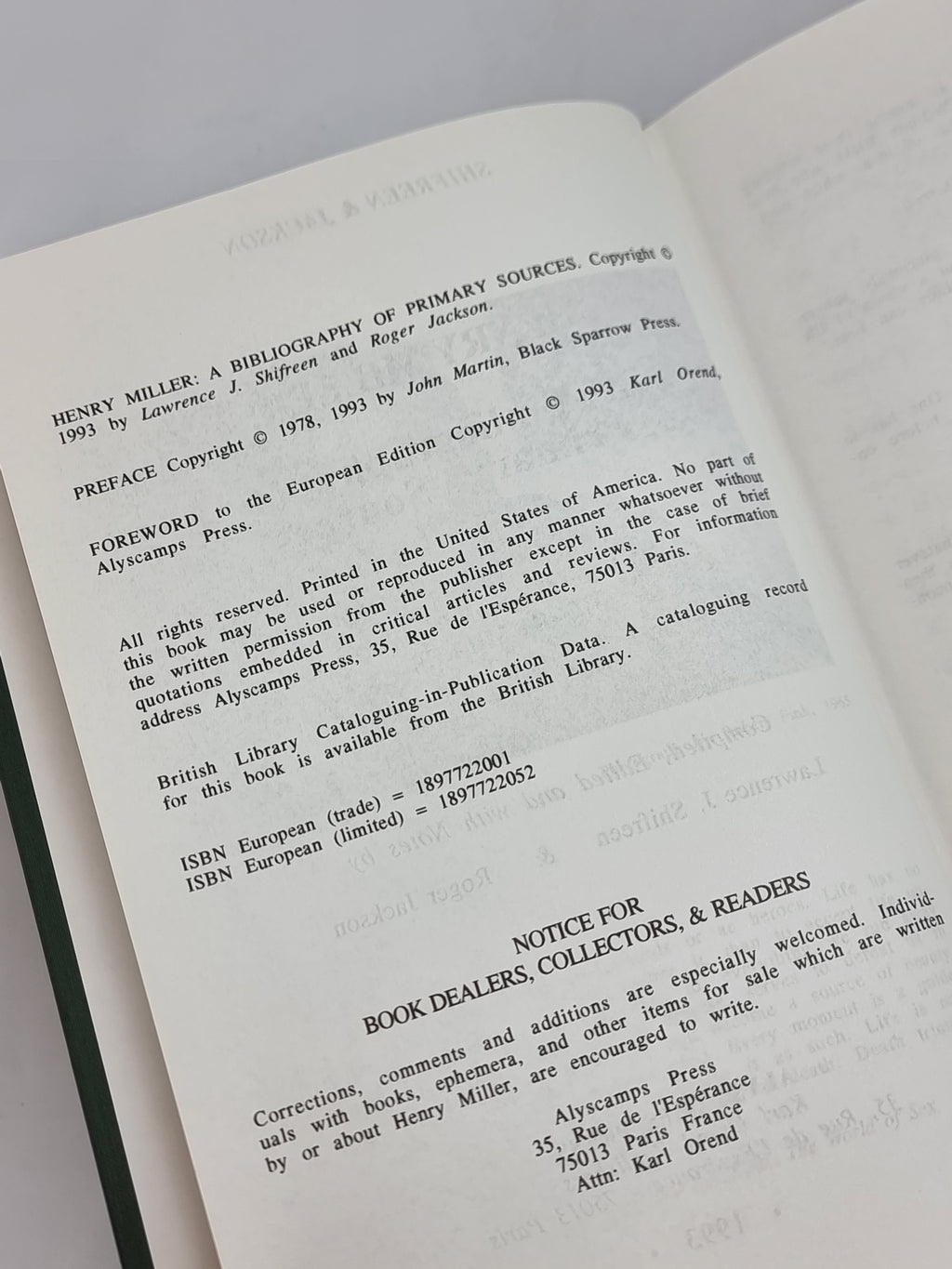 Henry Miller: A Bibliography of Primary Sources, Lawrence J. Shifreen & Roger Jackson