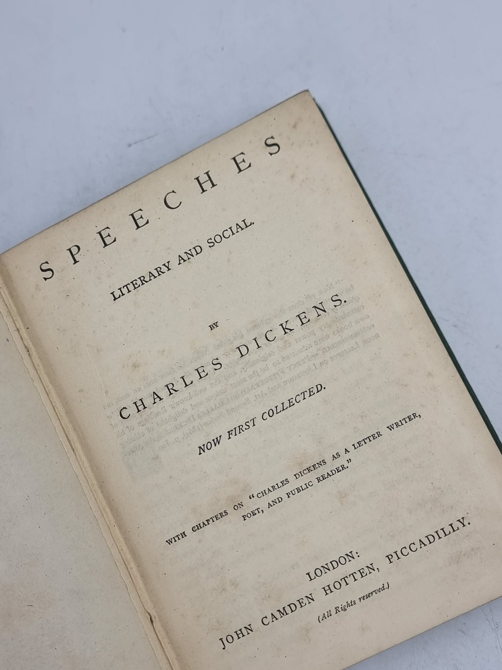 Speeches: Literary and Social, Charles Dickens — 1st Edition
