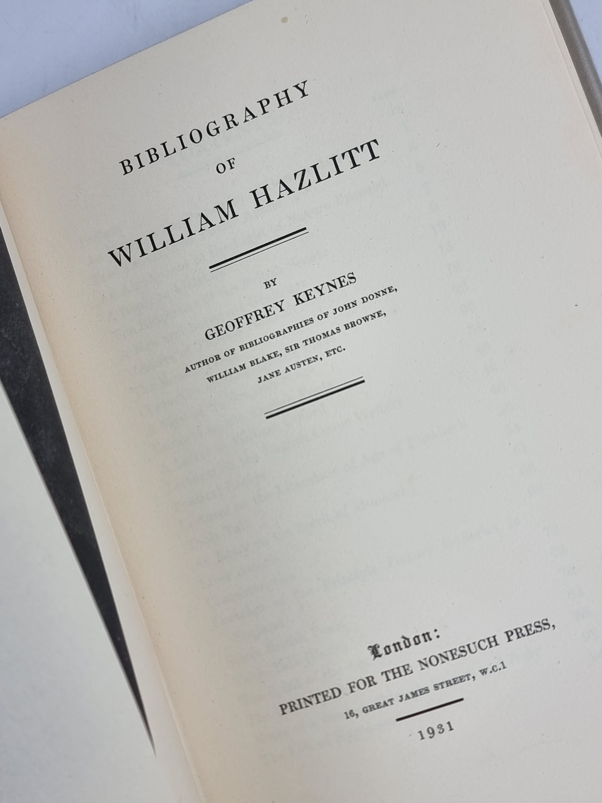Bibliography of William Hazlitt, Geoffrey Keynes — 1st Edition, Limited