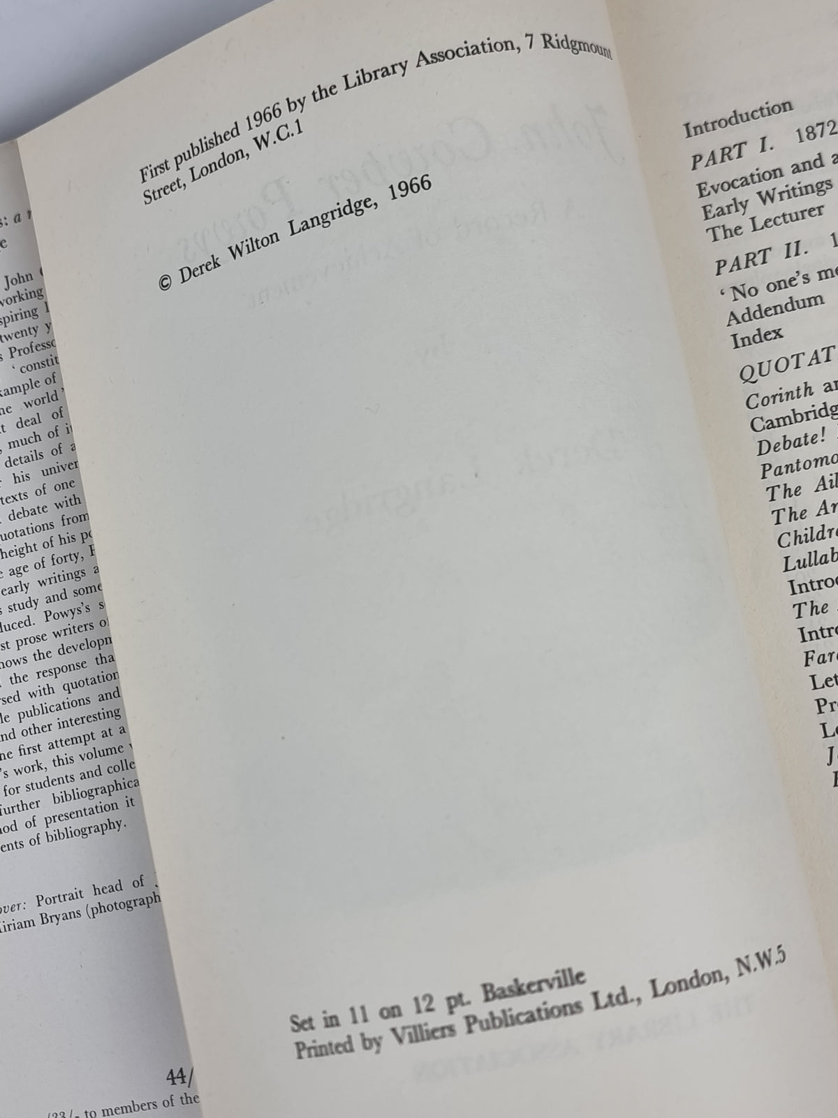 John Cowper Powys: A Record of Achievement, Derek Langridge — 1st Edition