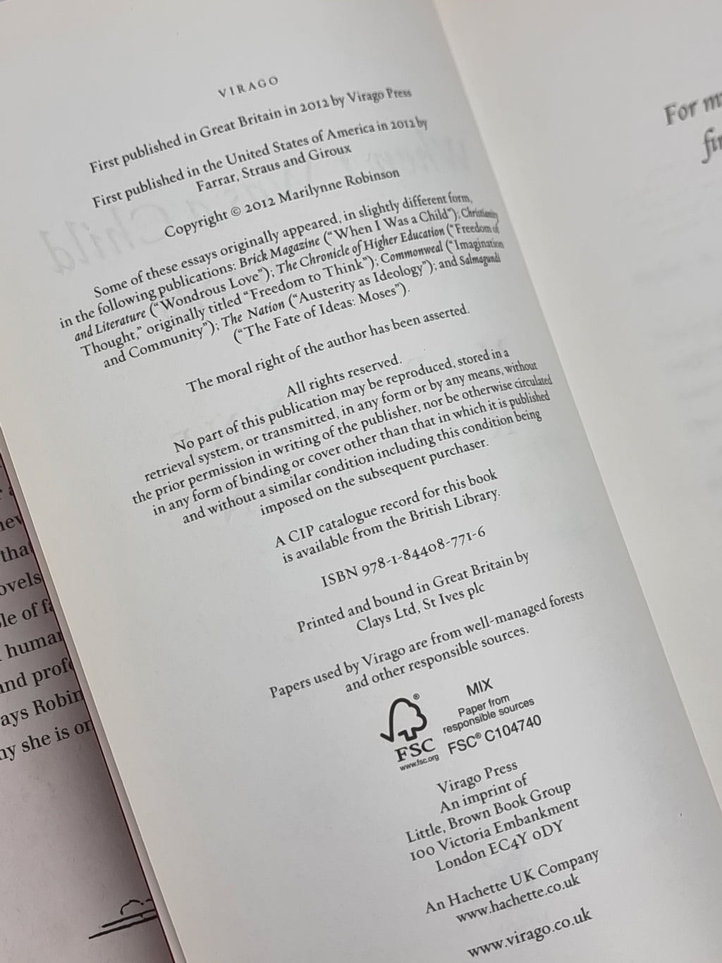 When I Was a Child I Read Books, Marilynne Robinson — 1st Edition