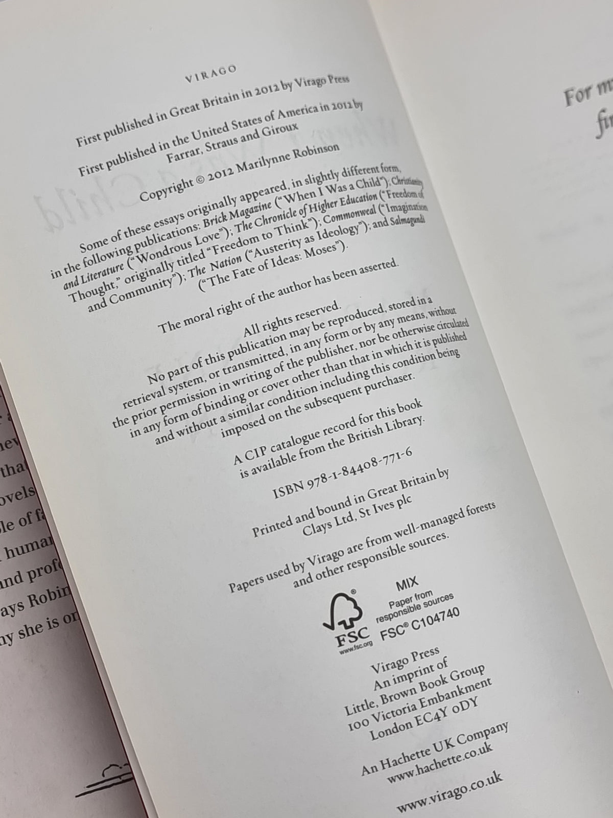 When I Was a Child I Read Books, Marilynne Robinson — 1st Edition