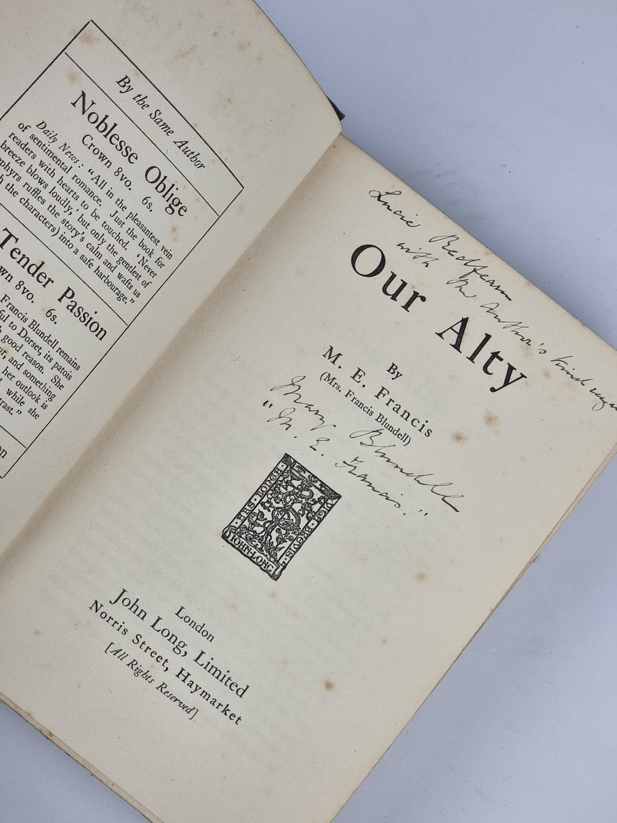 Our Alty, M. E. Francis — 1st Edition, Signed