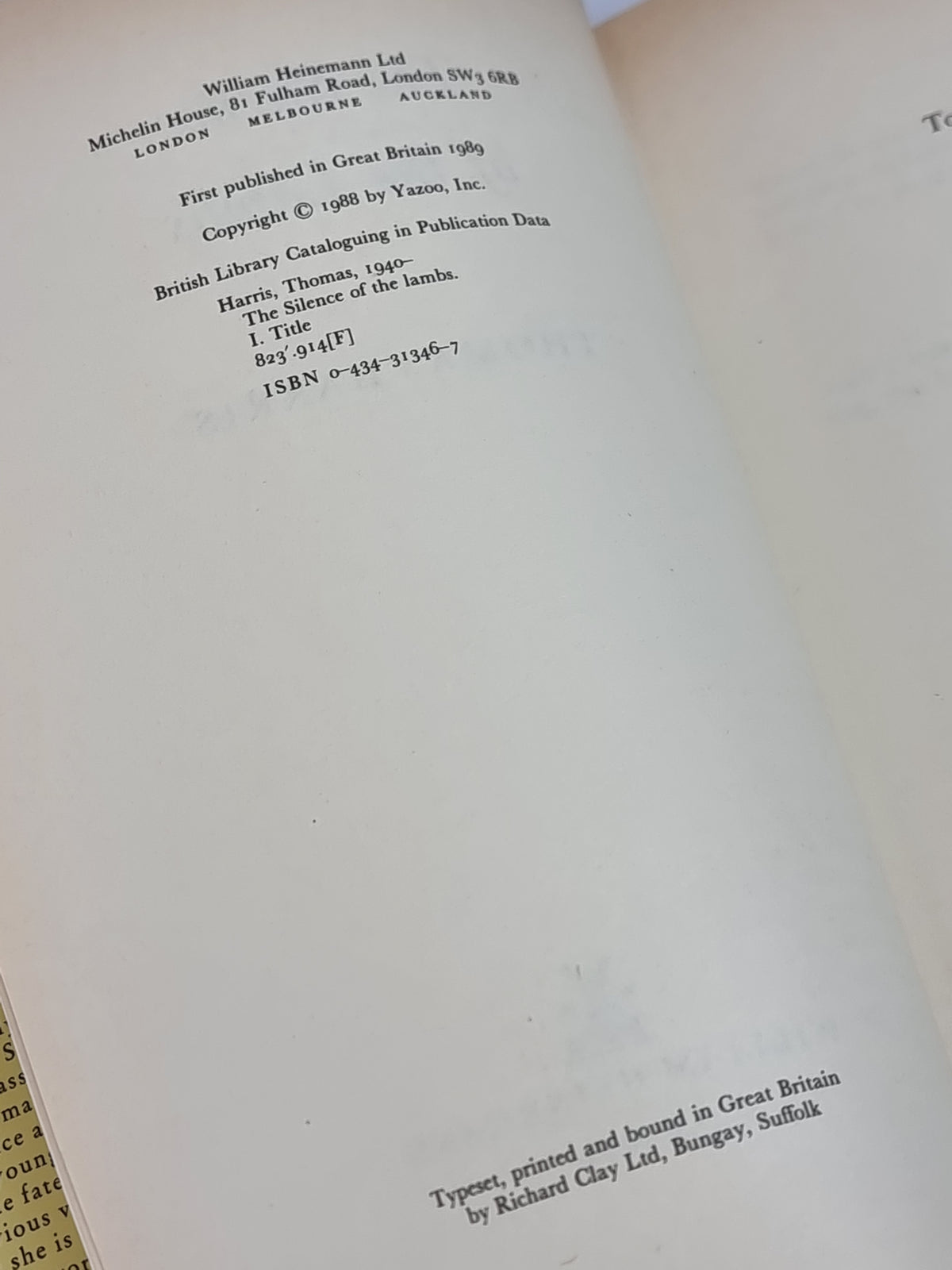 The Silence of the Lambs, Thomas Harris — 1st Edition
