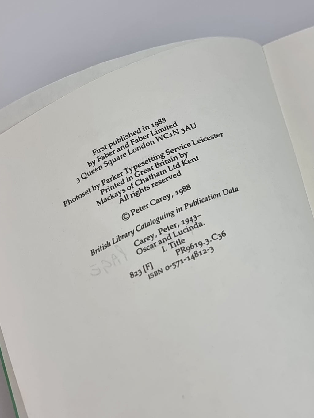 Oscar and Lucinda, Peter Carey — Advance Proof Copy