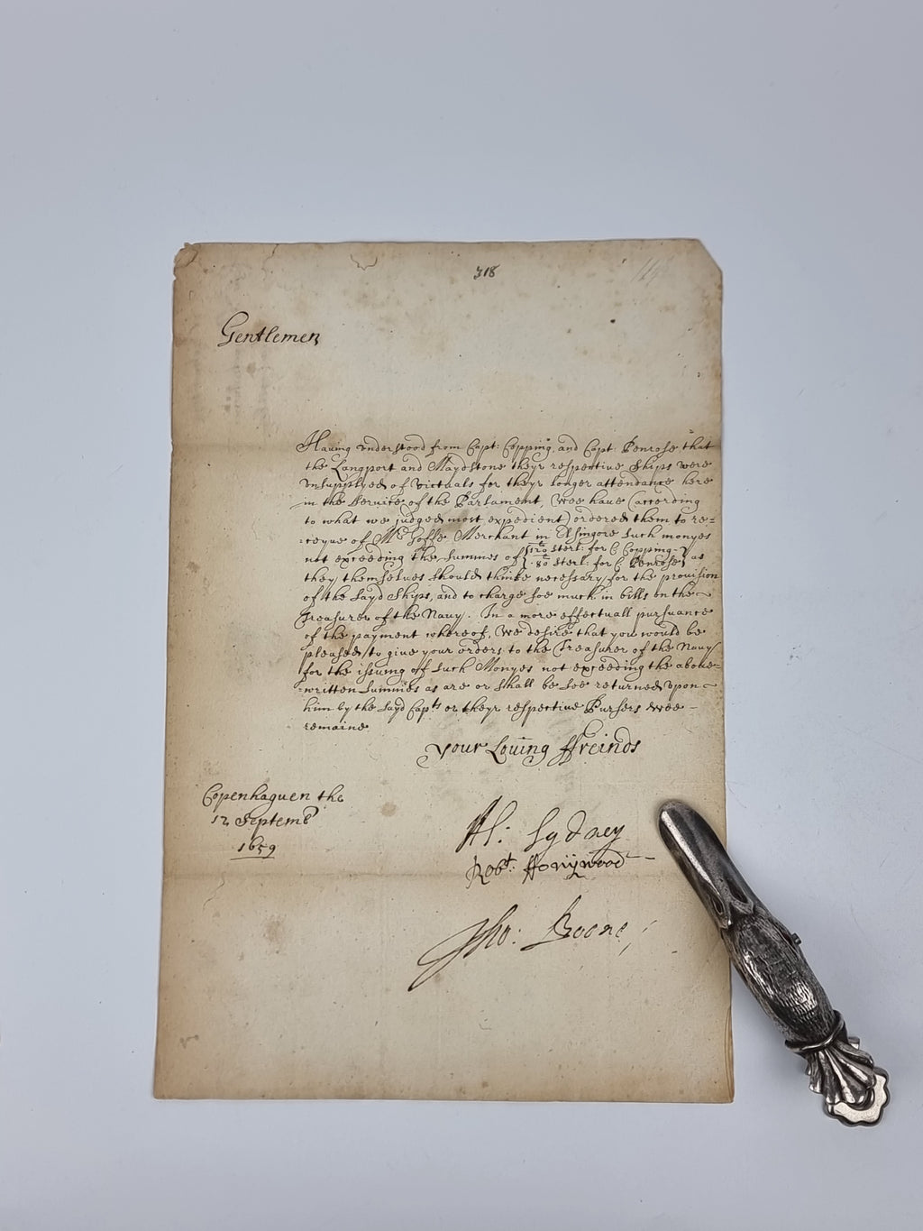 Manuscript Letter Signed to the Commissioners of the Admiralty, Algernon Sidney, Sir Robert Honywood, and Thomas Boone