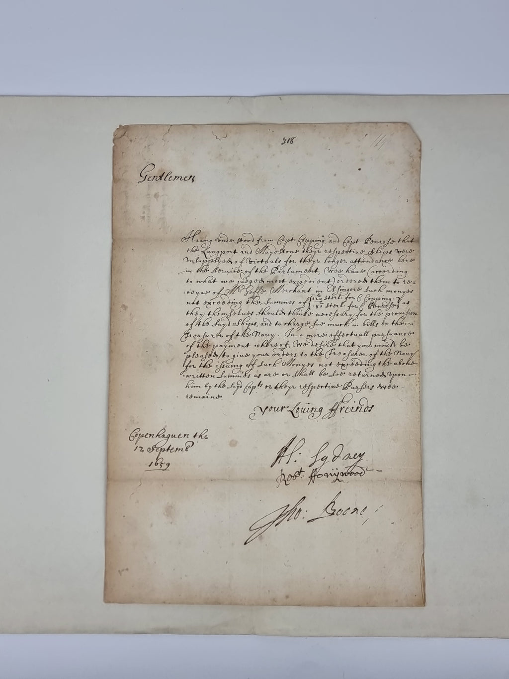 Manuscript Letter Signed to the Commissioners of the Admiralty, Algernon Sidney, Sir Robert Honywood, and Thomas Boone