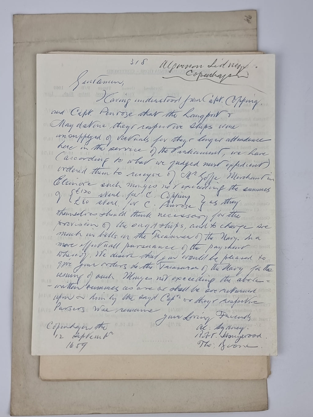Manuscript Letter Signed to the Commissioners of the Admiralty, Algernon Sidney, Sir Robert Honywood, and Thomas Boone