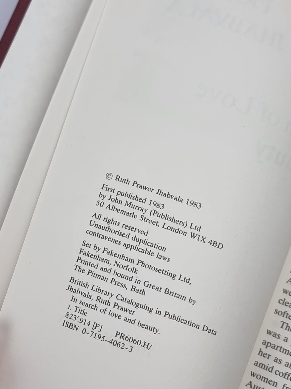 In Search of Love and Beauty, Ruth Prawer Jhabvala — 1st Edition