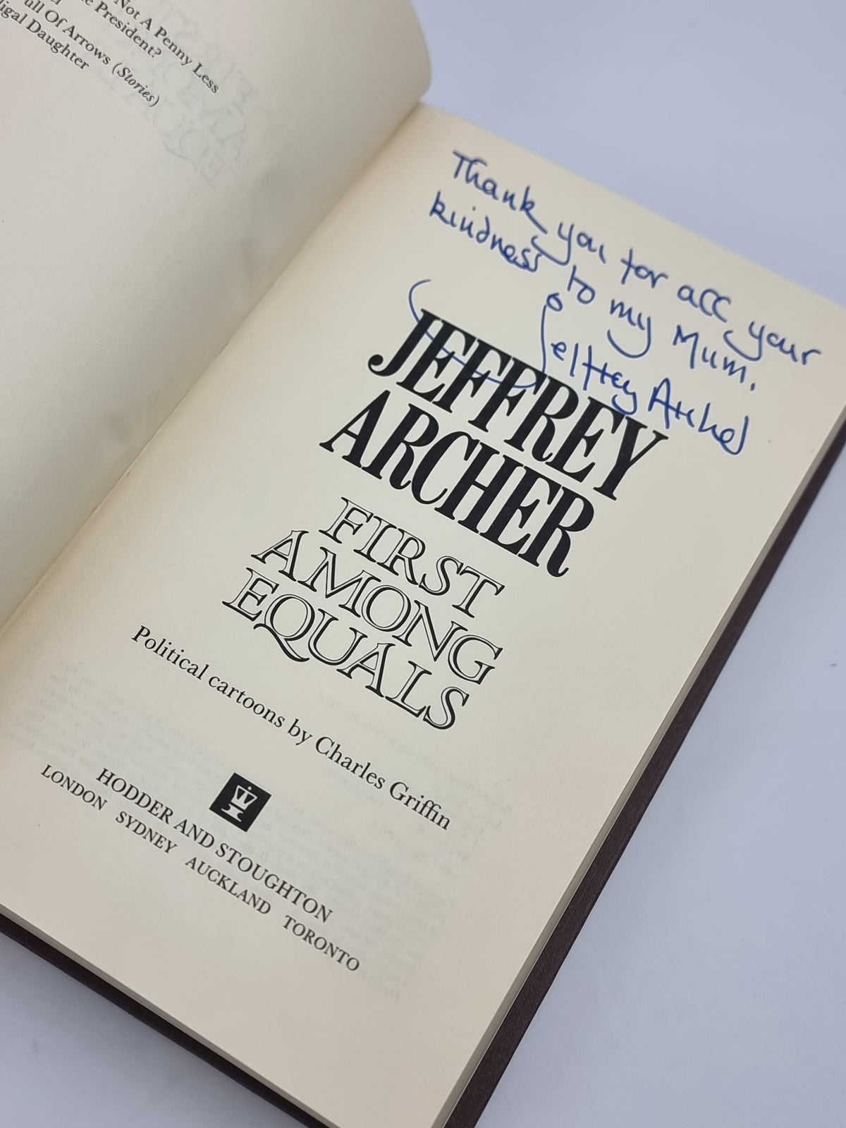First Among Equals, Jeffrey Archer — 1st Edition, Signed, Inscribed