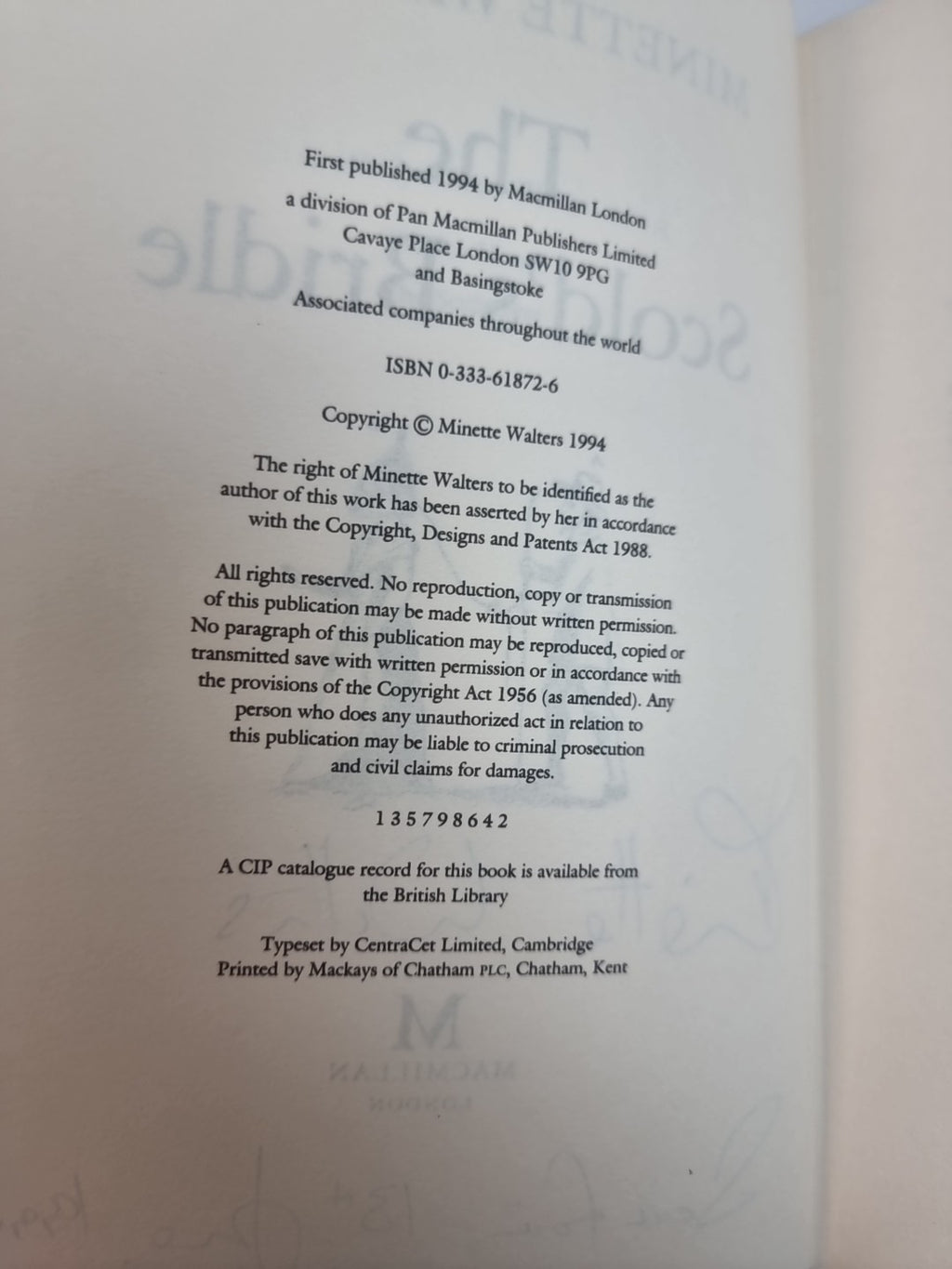 The Scold's Bridle by Minette Walters (1994)New 1st Edition Signed Free Delivery