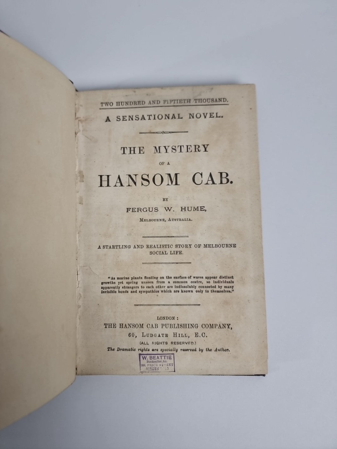 Fergus Hume The Mystery Of A Hansom Cab 1887 2nd British Edition 