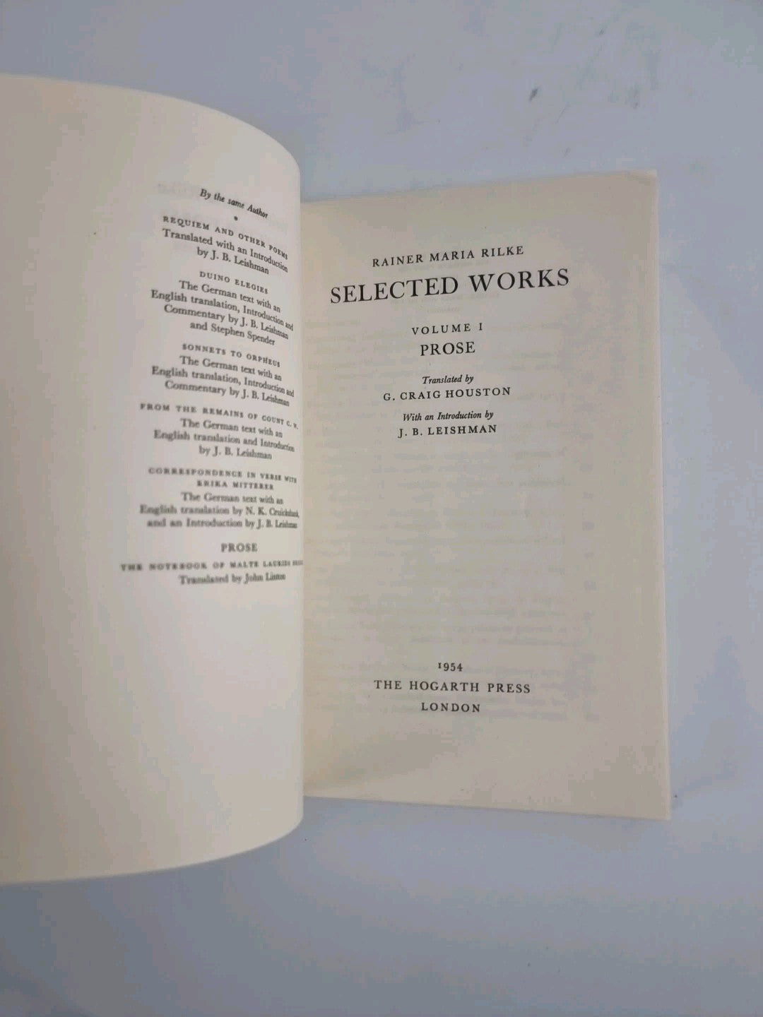 Selected Works Volume 1 Prose, Rainer Maria Rilke — First Edition