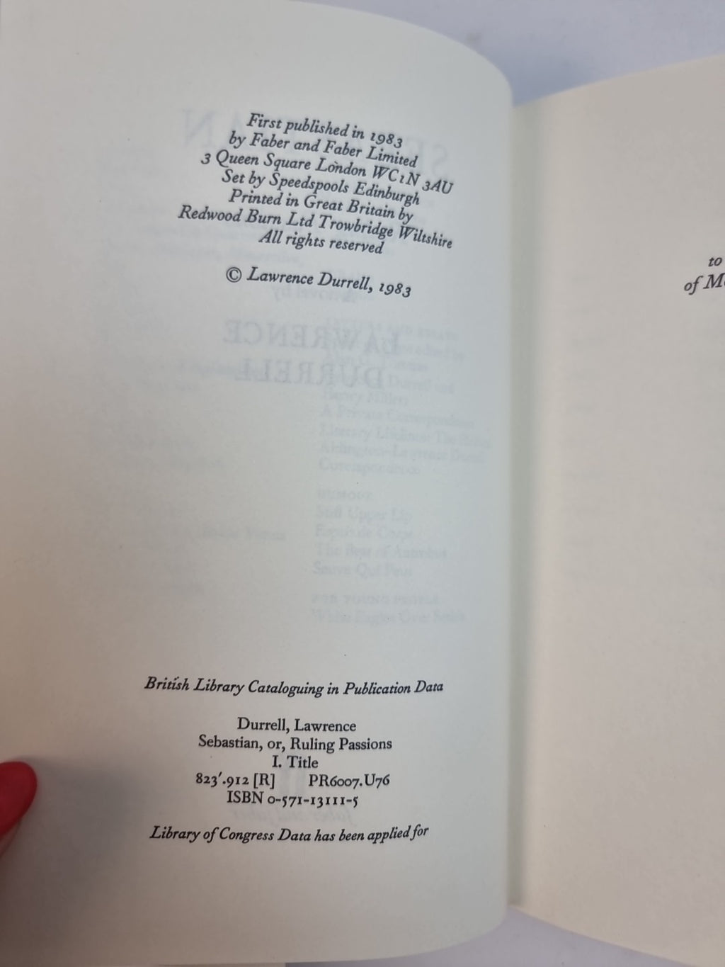 Sebastian; or Ruling Passions, Lawrence Durrell — First Edition