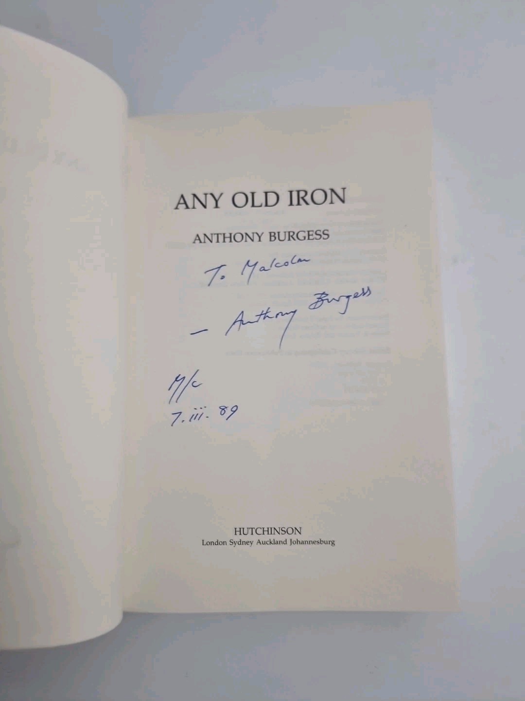 Any Old Iron ANTHONY BURGESS Hutchinson 1989 SIGNED FIRST EDITION, New