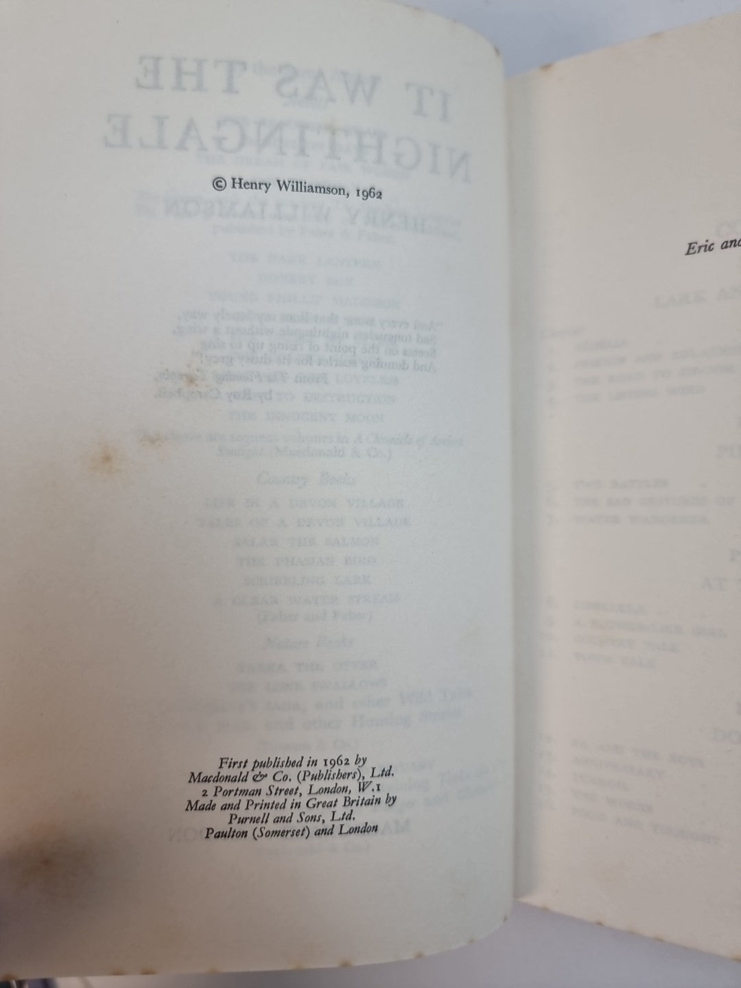 It Was The Nightingale, Henry Williamson — 1962. 1st Edition