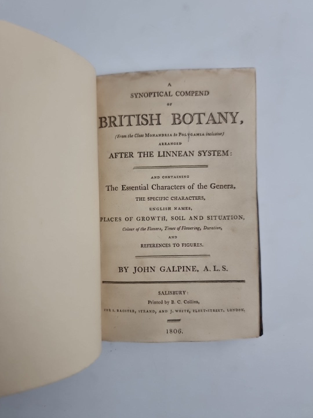 Synoptical Compend of British Botany, GALPINE, John Rare 1806 1st Edition 
