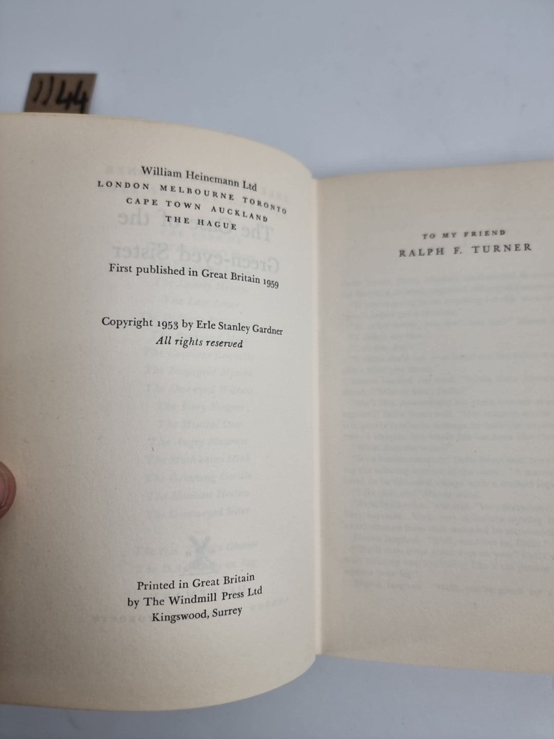 1st UK Ed 1959 'Green-Eyed Sister' by Erle Stanley Gardner, Heinemann