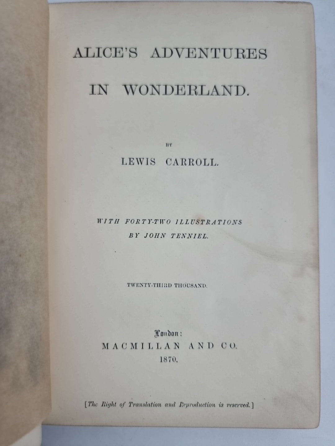 1870 Lewis Carroll ALICE'S ADVENTURES IN WONDERLAND TWENTY-THIRD THOUSAND