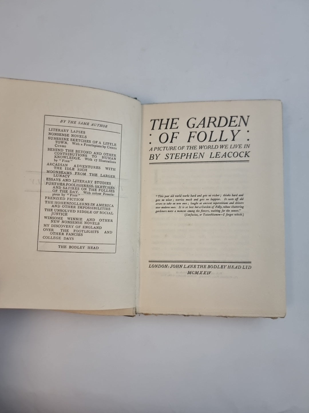 The Garden Of Folly, Stephen Leacock — FINE, 1924