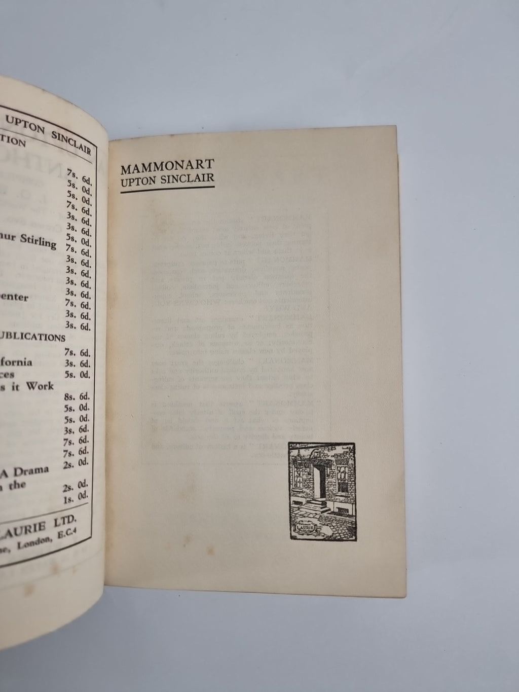 Upton Sinclair,  Mammonart 1934 1st UK Edition 