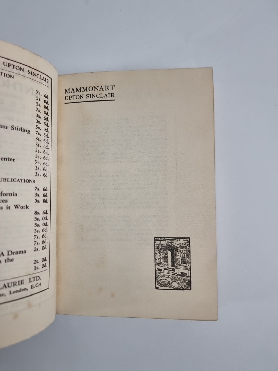 Upton Sinclair,  Mammonart 1934 1st UK Edition 