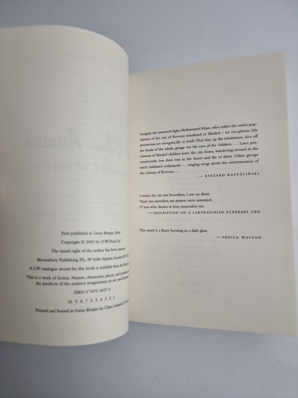 The Blind Assassin by Margaret Atwood  1st Edition  and Proof Copy