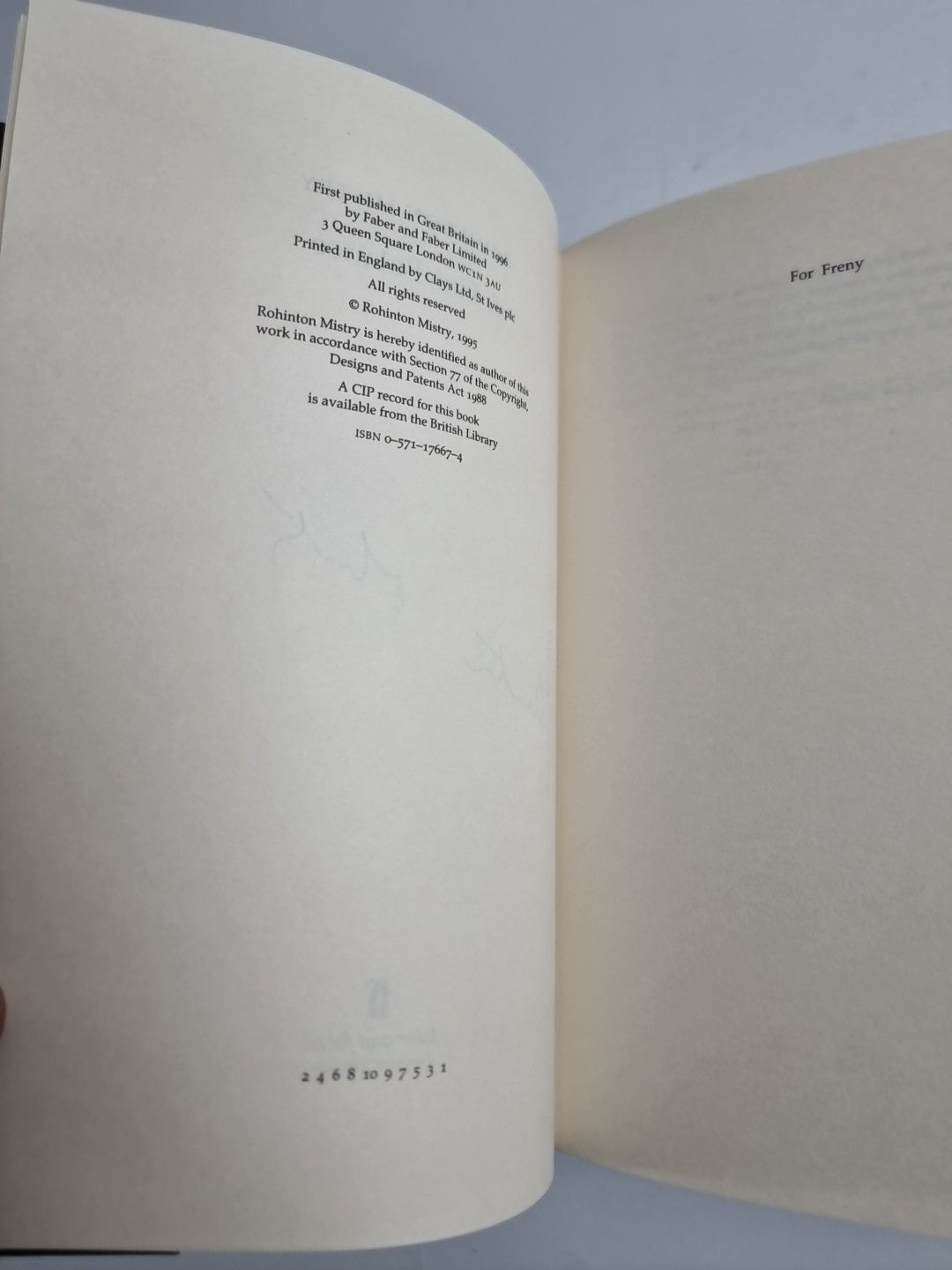 A Fine Balance - Rohinton Mistry. Faber & Faber 1996, 1st Edition New & Signed