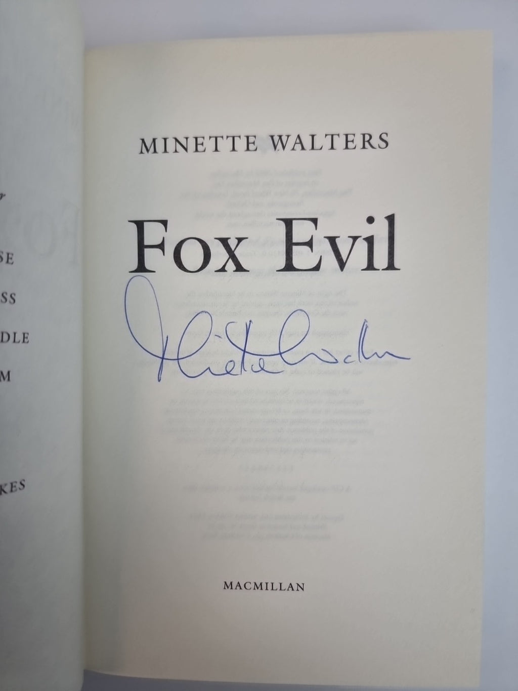 Fox Evil by Minette Walters (Hardcover, 2002) 1st Edition Signed Free Delivery