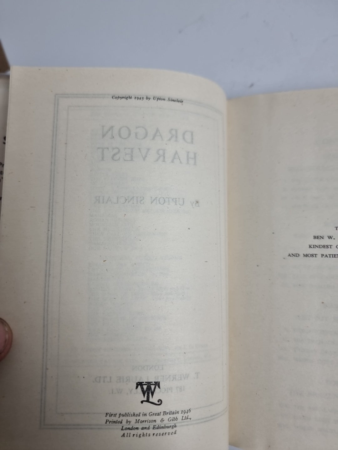 SINCLAIR, UPTON (1878-1968) Dragon harvest 1945 1st Edition 1st Print Hardcover